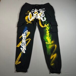 Cross Colours Mens Black Graffiti Cargo Sweatpants Size L Tagging Streetwear